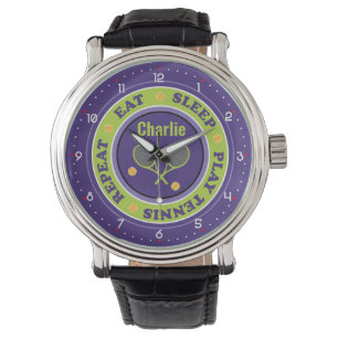 Cool tennis slogan, purple and green watch