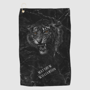 Cool Tiger  Black Marble Background Monogram  Golf Towel