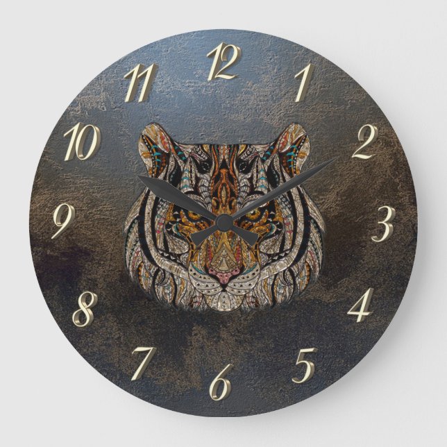 Cool Tiger Head Leather Look Large Clock (Front)