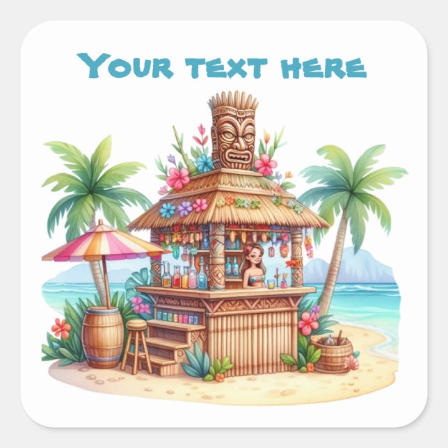 Cool tiki hut beach add text square sticker (Front)