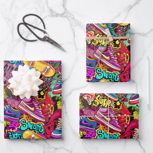 Cool tiled pattern comic graffiti teen  wrapping paper sheet (Front)