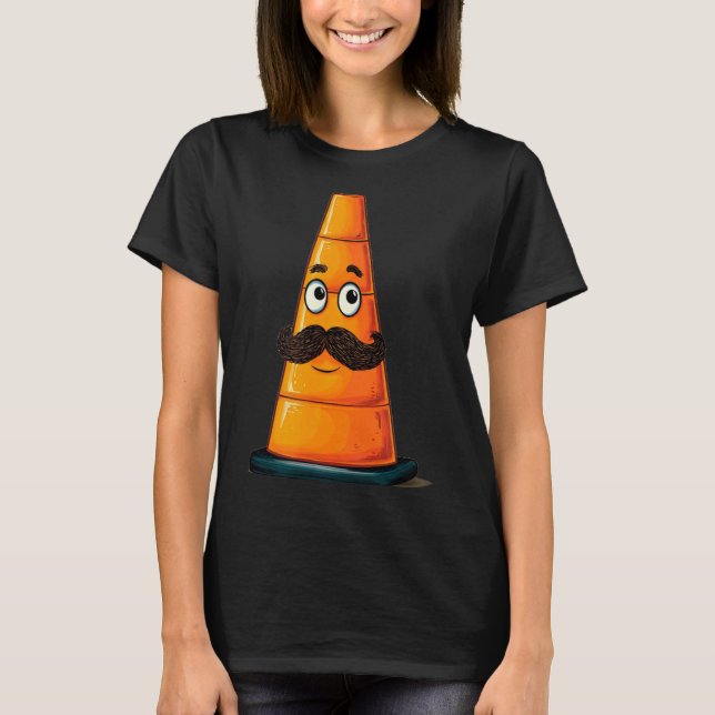 Cool Traffic Cone with Brown Moustache Beard T-Shirt (Front)
