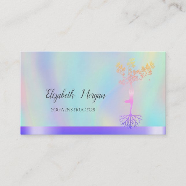 Cool Tree Women Silhouette, Holographic Yoga Business Card (Front)