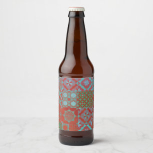 Cool, trendy Aegean tiles in red and blue Beer Bottle Label