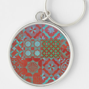 Cool, trendy Aegean tiles in red and blue Keychain
