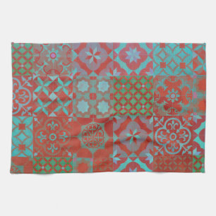 Cool, trendy Aegean tiles in red and blue Kitchen Towel