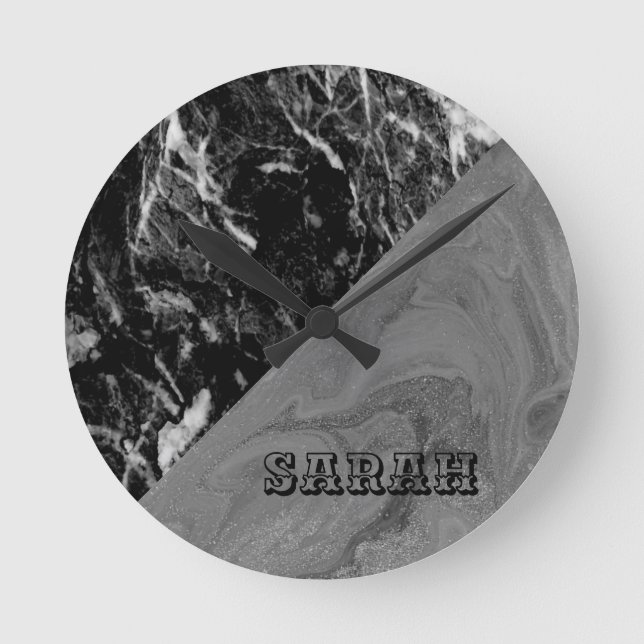 Cool Trendy Black Marble Round Clock (Front)