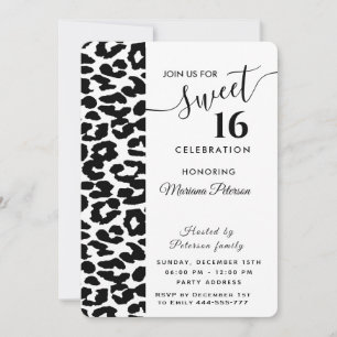 Cool Trendy black white leopard sweet 16  Invitati Invitation