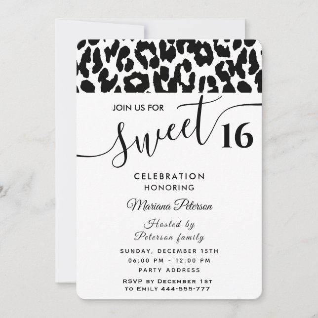 Cool Trendy black white leopard sweet 16  Invitation (Front)