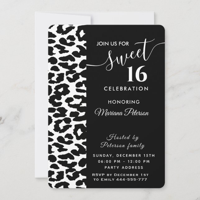 Cool Trendy black white leopard sweet 16  Invitation (Front)