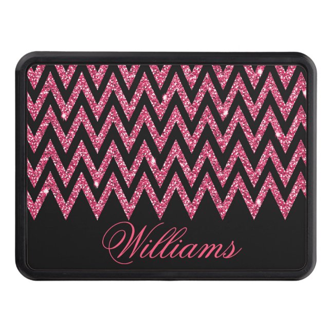 Cool trendy chevron zigzag hot pink faux glitter trailer hitch cover (Front)