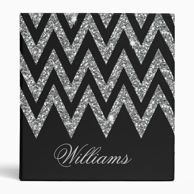 Cool trendy chevron zigzag silver faux glitter binder (Front)