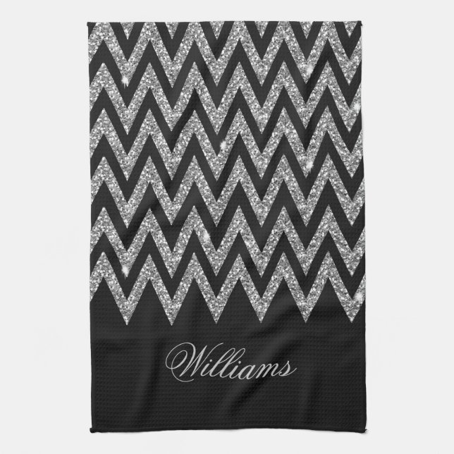 Cool trendy chevron zigzag silver faux glitter kitchen towel (Vertical)
