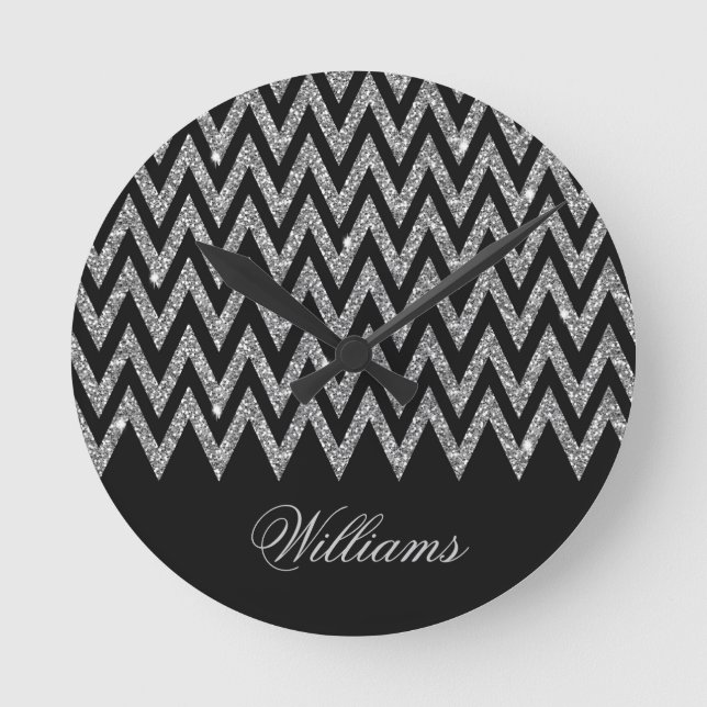 Cool trendy chevron zigzag silver faux glitter round clock (Front)