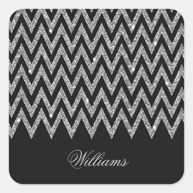 Cool trendy chevron zigzag silver faux glitter square sticker (Front)