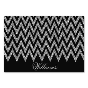 Cool trendy chevron zigzag silver faux glitter table number