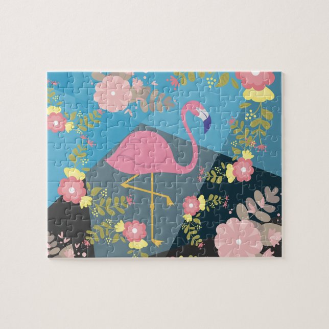 Cool Trendy Chic Cute Pink Girly Floral Flamingo Jigsaw Puzzle (Horizontal)