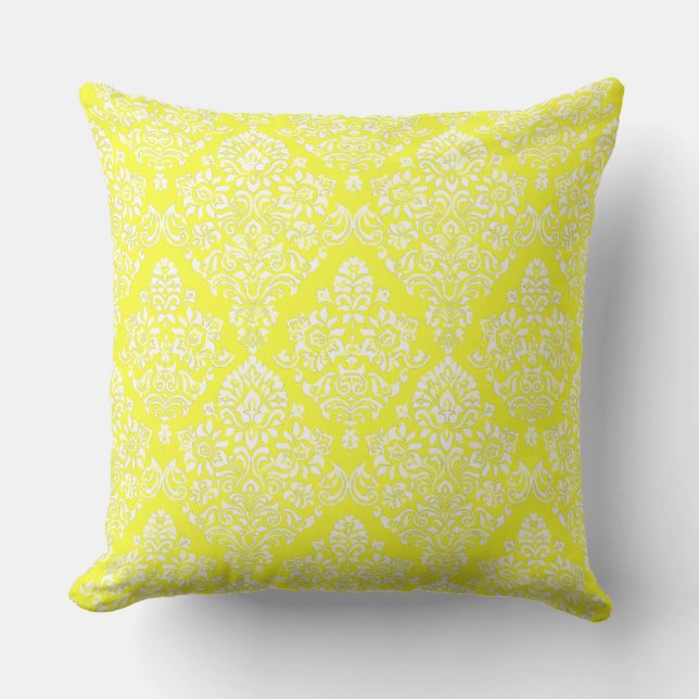 Cool Trendy Fresh Yellow White Damask Pattern Throw Pillow (Front)