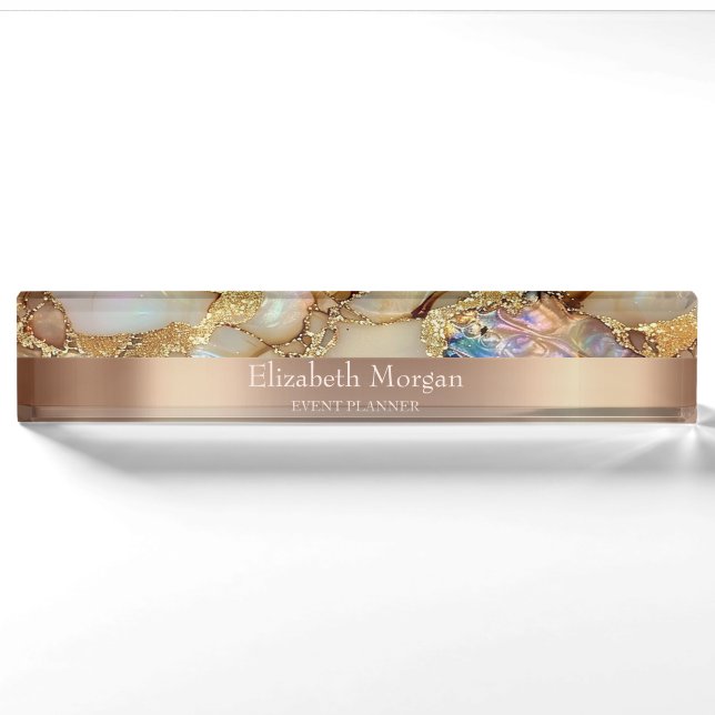 Cool Trendy Gold Glitter Pearl Marble Nameplate (Front)