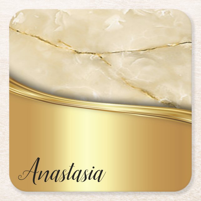 Cool Trendy Gold Marble  Square Paper Coaster (Front)