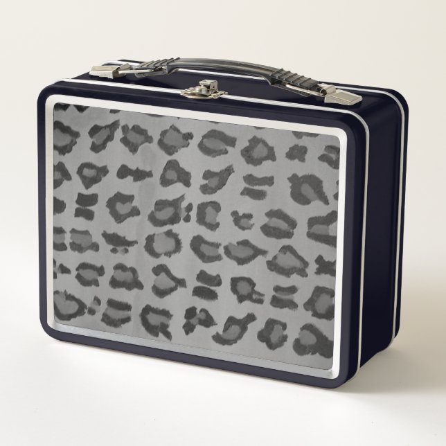 Cool Trendy Modern Black & Grey Leopard Print Metal Lunch Box (Front)