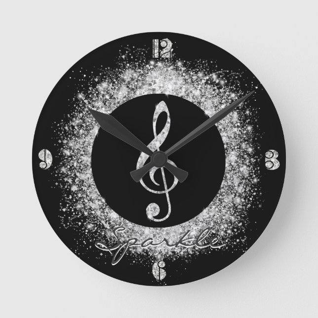 Cool Trendy Music Treble Clef Glitter Sparkles  Round Clock (Front)