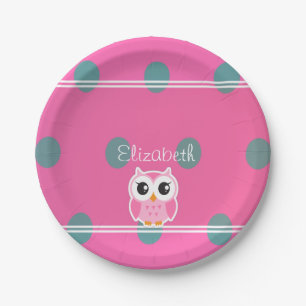 Cool Trendy Polka Dots With Cute Owl-Personalized Paper Plate