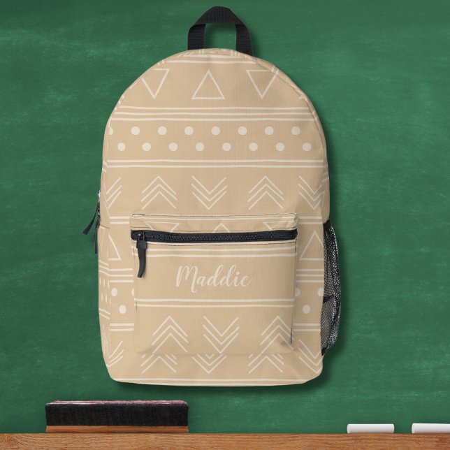 Cool Trendy Tan Mudcloth Monogram Name Printed Backpack (Creator Uploaded)