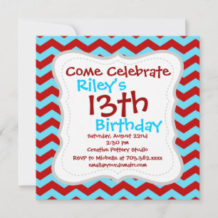 Cool Trendy Teal Turquoise Red Chevron Zigzags Invitation