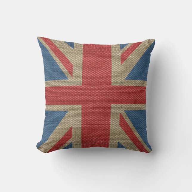 Cool trendy U.K. Union Jack Flag burlap texture Throw Pillow (Front)