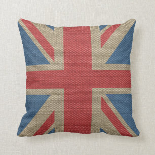 Cool trendy U.K. Union Jack Flag burlap texture Throw Pillow