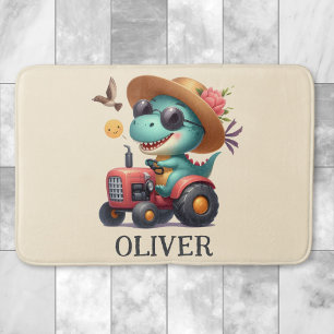 Cool Trex Dinosaur Farmer Driving Red Tractor  Bath Mat