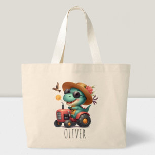 Cool Trex Dinosaur Farmer Driving Red Tractor Large Tote Bag