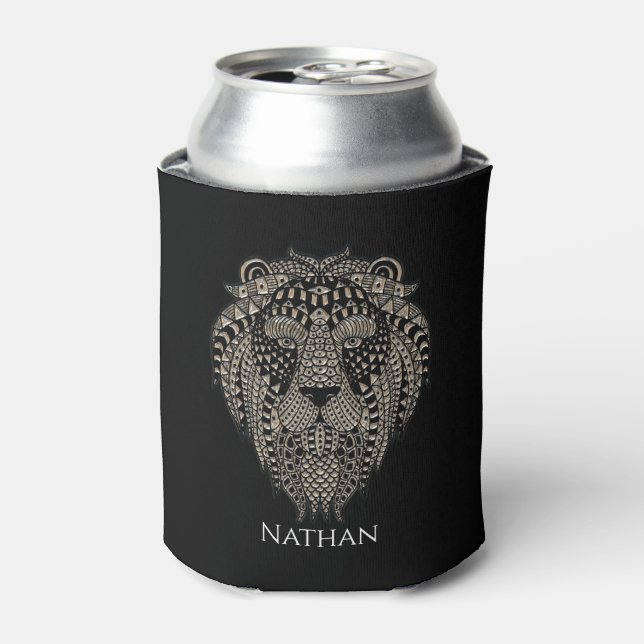 Cool Tribal Metallic Lion Head Personalised Can Cooler (Can Front)