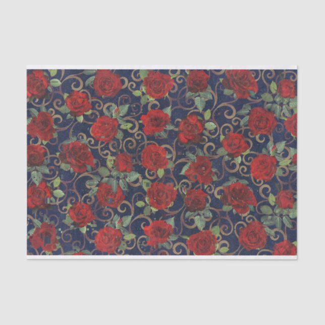     Cool Trippy Glitch Damask Modern Red Rose Navy Tissue Paper (Front)