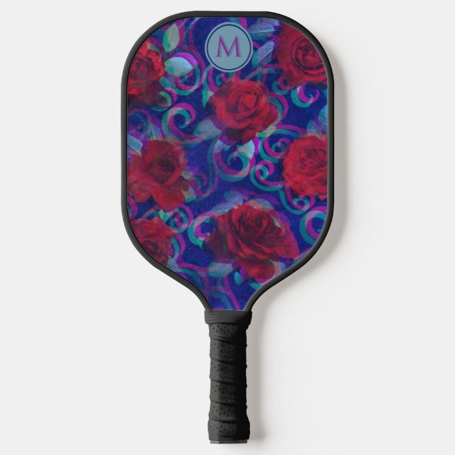   Cool Trippy Glitch Damask Modern Red Rose Purple Pickleball Paddle (Front)