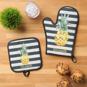 Cool Tropical Gold Pineapple Navy Blue Stripes Oven Mitt & Pot Holder Set