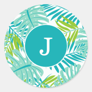 Cool Tropical Leaves Monogrammed Classic Round Sticker