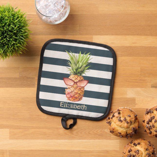 Cool Tropical Pineapple Navy Blue Stripes Pot Holder (Top Down)