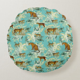 Cool Tropical Safari Wild Cats Teal Blue Round Pillow
