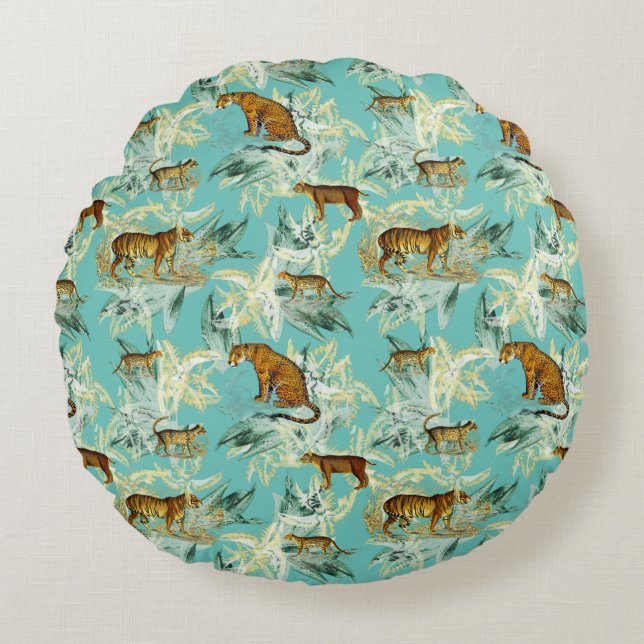 Cool Tropical Safari Wild Cats Teal Blue Round Pillow (Front)