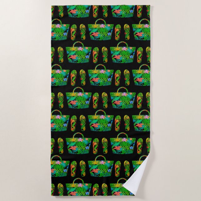 Cool Tropical Summer Accessories Pattern Black Beach Towel (Front)