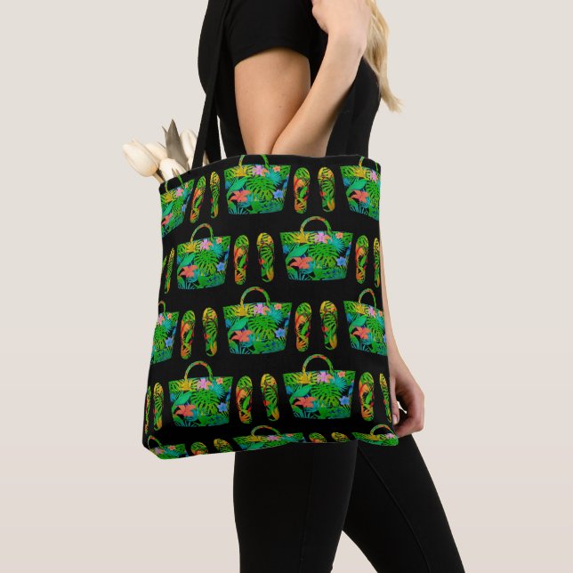 Cool Tropical Summer Accessories Pattern Black Tote Bag (Close Up)