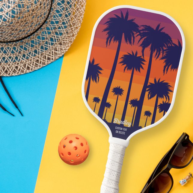 Cool Tropical Sunset Palm Trees Custom Text Name Pickleball Paddle (Creator Uploaded)