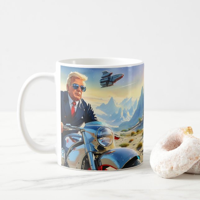 cool Trump Motorcycle Alien Planet Spaceship MAGA Coffee Mug (With Donut)