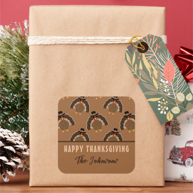 Cool Turkey Happy Thanksgiving Family name text Square Sticker (Holiday)