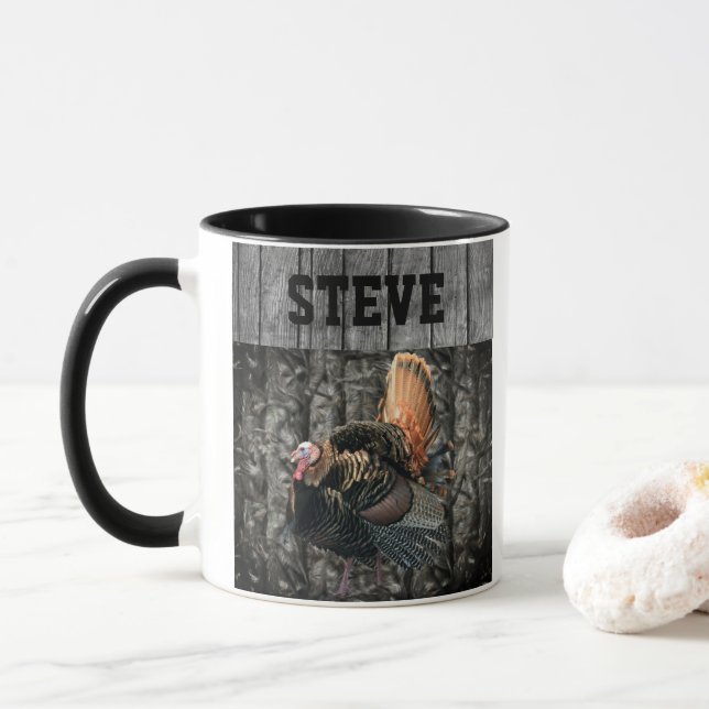 Cool Turkey Hunting Camo Name Personalized Men's Mug (With Donut)