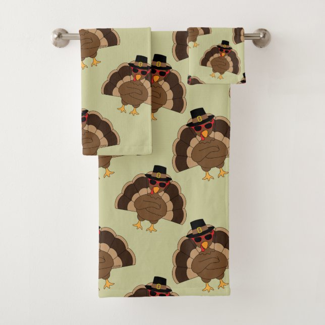 Cool Turkey Thanksgiving fun brown green pattern Bath Towel Set (Insitu)