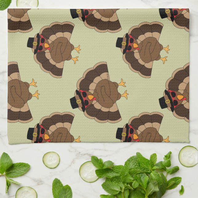 Cool Turkey Thanksgiving fun brown green pattern Kitchen Towel (Folded)