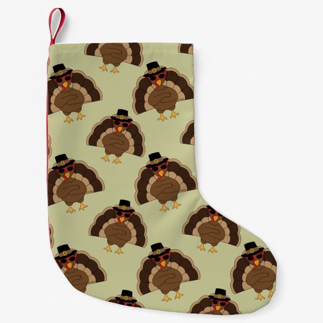 Cool Turkey Thanksgiving fun brown green pattern Small Christmas Stocking (Front)